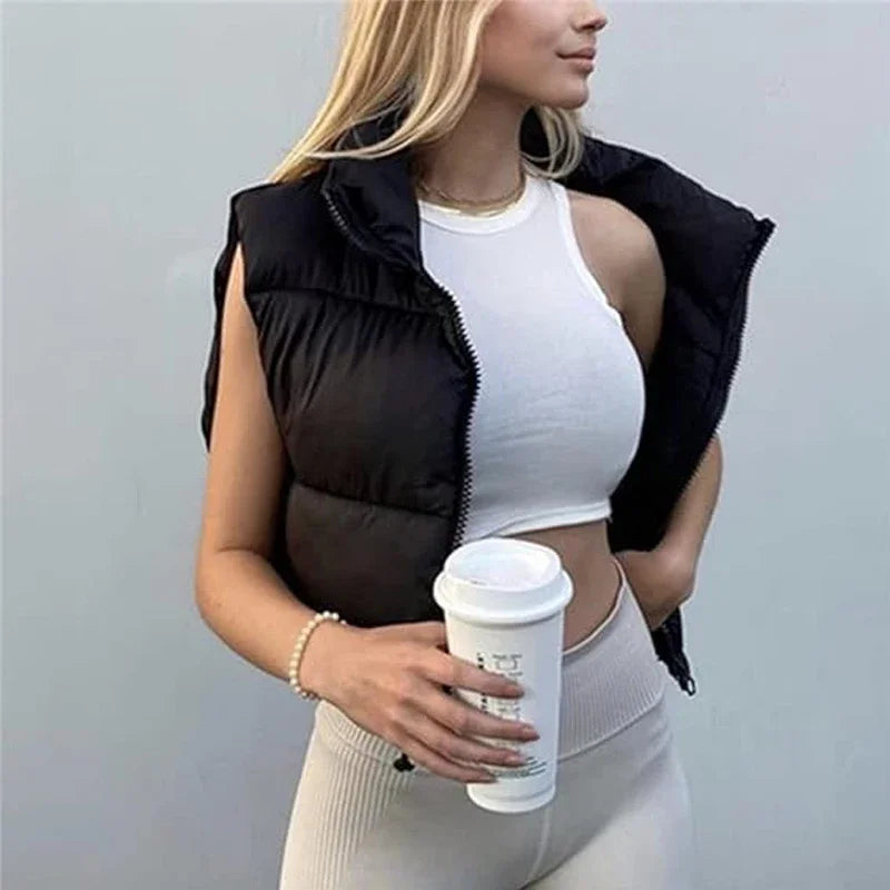 TRAF Autumn Winter Women's Warm Vest Sleeveless Short Down Coats Jacket Down Vest Woman Fashion Female Vests Coat