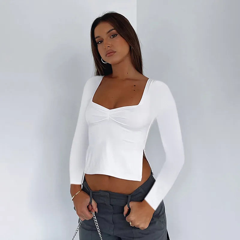 CUTENOVA femmes coupe ajustée manches longues évasées T-shirts printemps solide col carré froncé côté fendu T-shirts Tops basiques