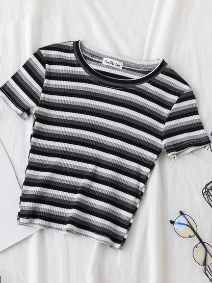 New T Shirt Women Rainbow Striped Tops Slim Fit t shirt Harajuku Tshirt Summer Short Sleeve Korean T-shirt feminina Clothes Tops