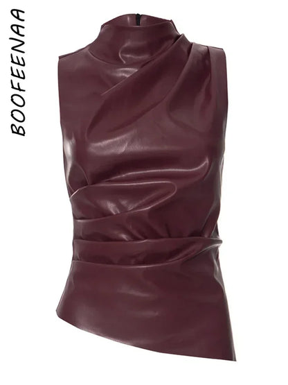 BOOFEENAA PU Leather Tank Top High Fashion Asymmetrical Ruched Sleeveless Blouse Winter Sexy T Shirt for Women Clothes C85-CZ21