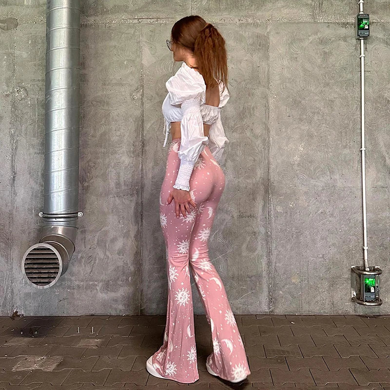 BUILDINGB Pink Sweetie High Waist Elastic Flared Trousers Starry Sunflower Print Pants Women Casual Versatile Comfort Pantsuit