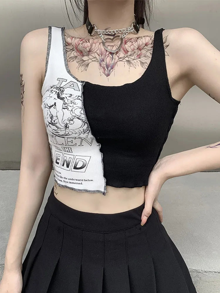 Punk Style Patchwork Tank Tops Aesthetic Letter And Graphic Print Women Crop Top Color Blocking Sleeveless Streetwear