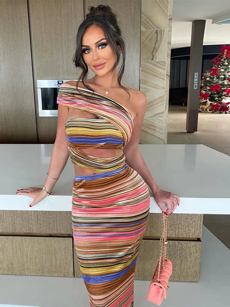 Hugcitar Stripe  Y2K Clothes Sleeveless Backless Bodycon Evening Maxi Dresses Hollow Out Women Club Birthday Party Outfits