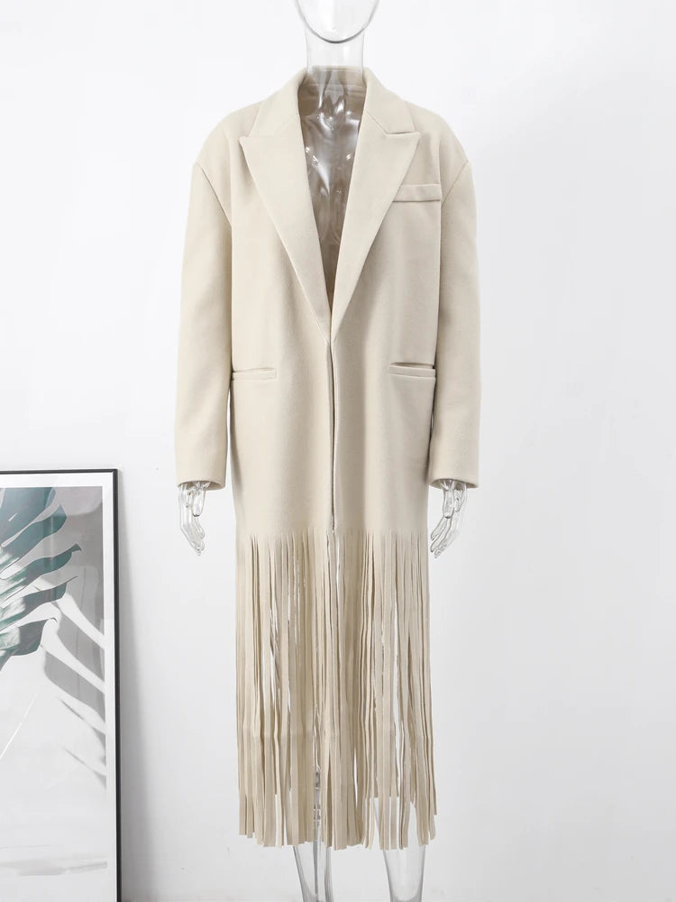 Manteau abricot à franges pour femme, élégant, manches longues, revers, mode hiver 2023, Streetwear, pardessus avec poche