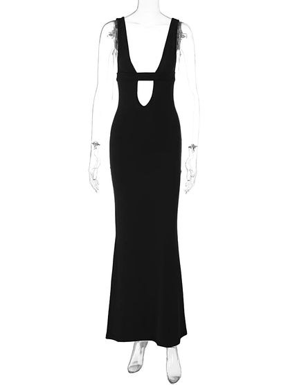 Hugcitar Black Strap Deep V Neck Backless Sexy Bodycon Maxi Dress 2024 Spring Women Elegant Clothes Festival Rave Party Club Y2K