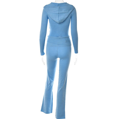 Ensemble tricoté 2 pièces pour femme, survêtement, manches longues, fermeture éclair, pull à capuche, veste, haut court, pantalon évasé, costume assorti extensible