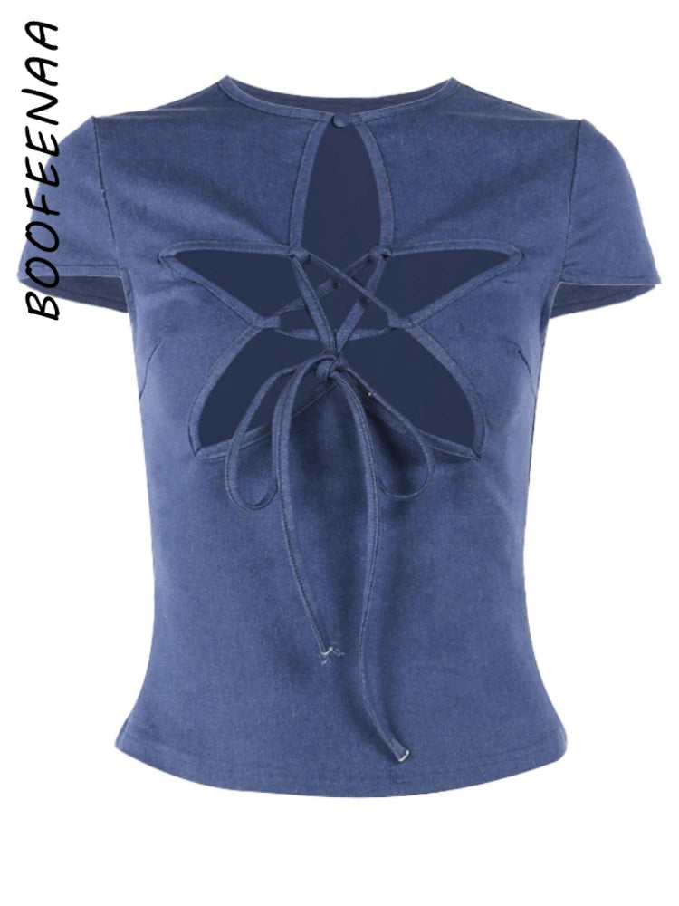 BOOFEENAA À Lacets Évider Étoile Denim Récolte Hauts pour Femme Vêtements D'été Girly Y2k Mignon Sexy Ajusté Chemises Streetwear C66-CC16