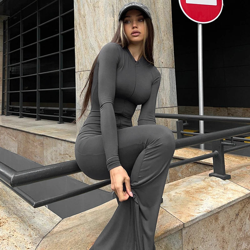 CUTENOVA Women Casual One-Piece Sweatpants Gray V Neck Long Sleeve Zipper Flare Jumpsuit  Basic Harajuku Bodycon Flared Trousers