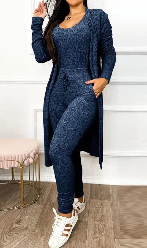 Ensemble deux pièces pour femmes, tenue avec cordon de serrage, poche, col en U, sans manches, combinaison slim et manteau à manches longues, mode printemps 2023