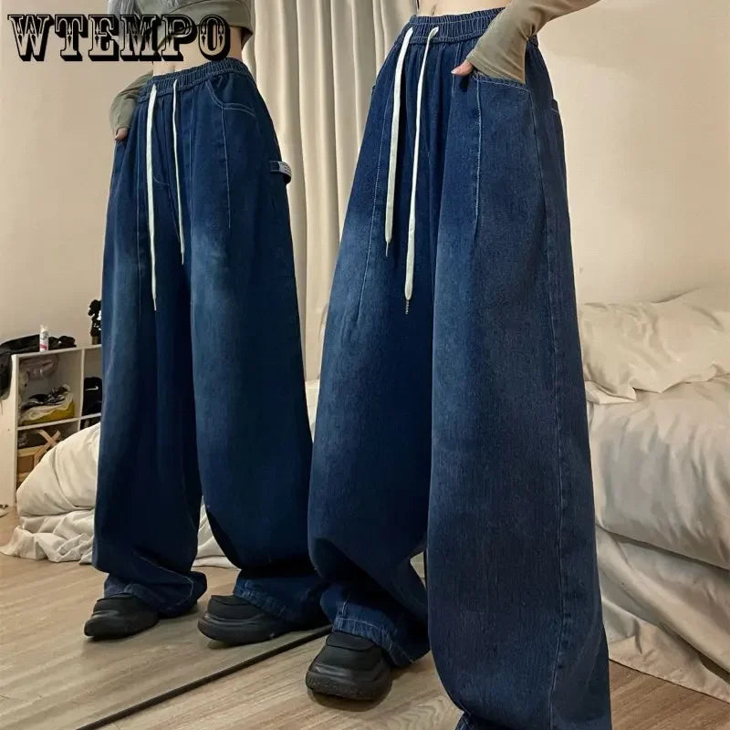 Jean Baggy Vintage pour femmes, taille élastique, surdimensionné, pantalon américain, Denim, jambes larges, Streetwear, pantalon droit basique, Y2k, printemps