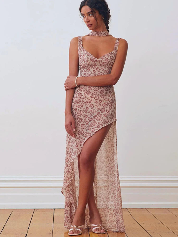 Dulzura – robe longue en mousseline de soie, imprimé Floral, à lacets, fente latérale, dos nu, longue, tenue de soirée, boîte de nuit, articles d'été, vente en gros