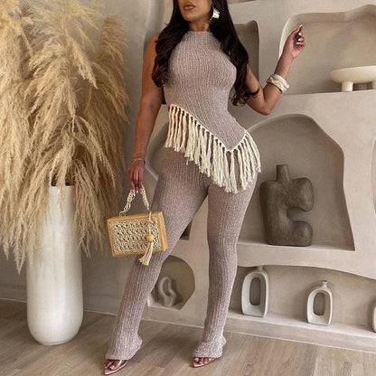 CUTENOVA – ensemble 2 pièces à franges irrégulières, débardeur sans manches + pantalon évasé à taille élastique, Streetwear, costumes assortis de fête Y2K