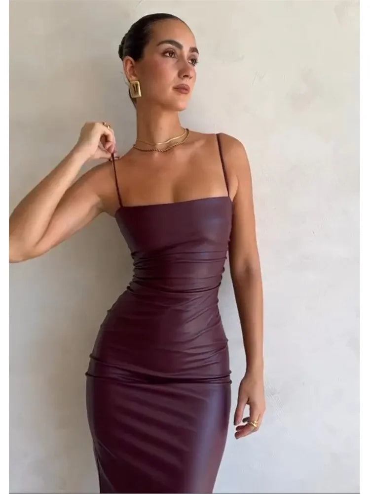 Synthetic Leather Backless Bandage Midi Dress Women Elegant Banquet Party Formal Vestidos Christmas Night Club Outfits Robes