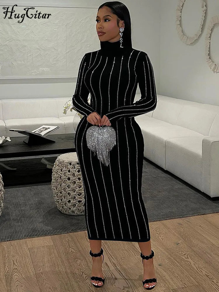 Hugcitar Winter Fashion Sequined Turtleneck Long Sleeve Black Sexy Bodycon Midi Dress Women Clothes Evening Party Club Y2K