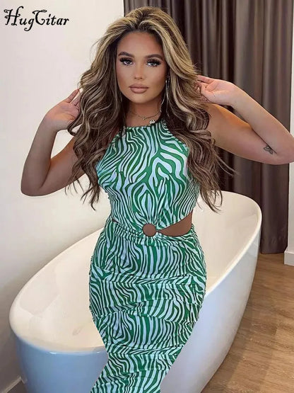 Hugcitar Striped Print Halter Sleeveless Backless Bandage Hollow Out Sexy Midi Dress Fall Elegant Women Clothes Birthday Party