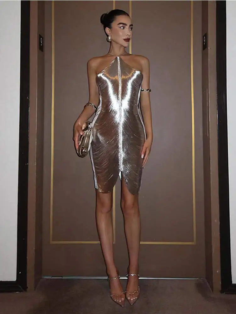 Minivestido Sexy sin mangas con cuello colgante y espalda descubierta para mujer, vestidos cortos ajustados para mujer, vestido elegante de fiesta de noche 2024