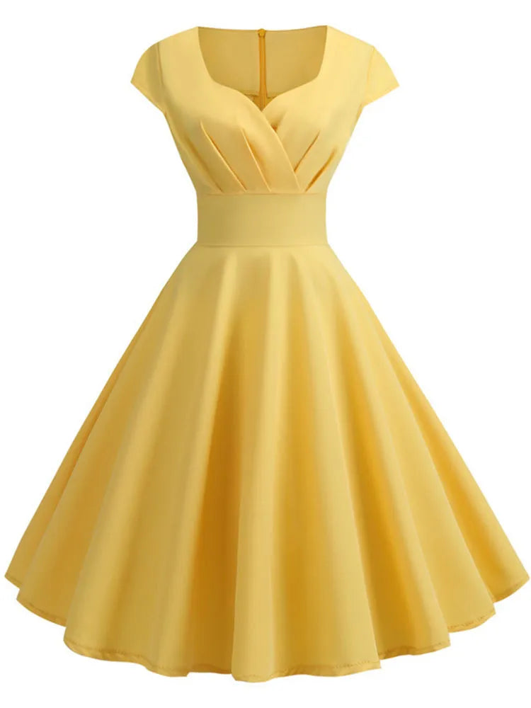 Vestido rosa de verano para mujer, vestido Vintage con cuello en V, vestido Vintage con vuelo, vestido elegante Retro pin up para fiesta y oficina, vestidos por debajo de la rodilla