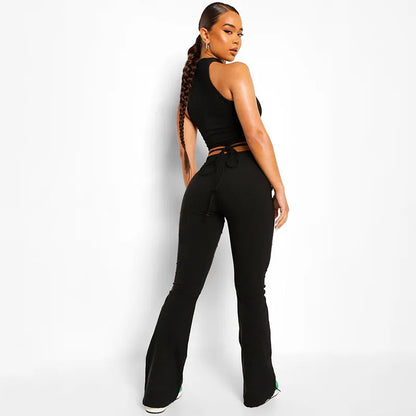 CUTENOVA Y2k pantalon évasé E fille Style Sexy pantalon extensible femmes à lacets taille V taille basse Harajuku pantalon noir