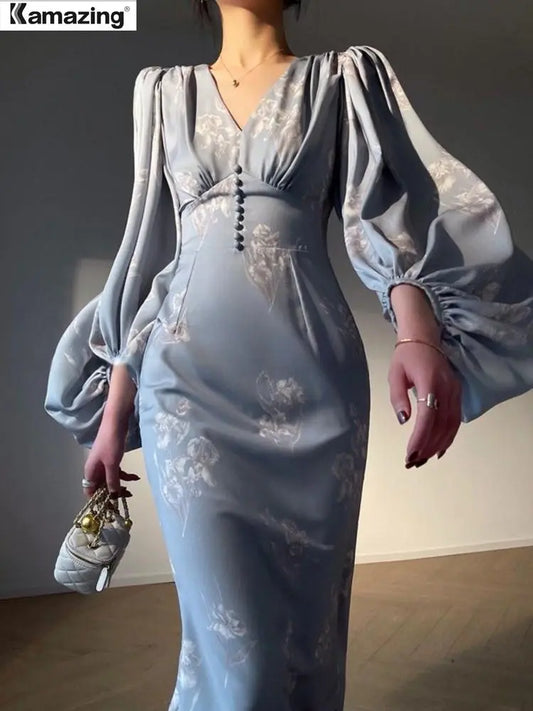 Women Summer New  Printing Elegant Mermaid Dresses Long Sleeve V-neck Slim Midi Dress 2023 Fmeale Clothing