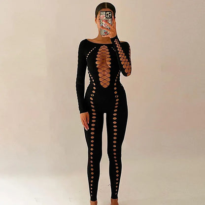 CUTENOVA Sexy Holes Rip Jumpsuit Mesh See Through Long Sleeve Skinny Overalls for Women Nightclub Strappy Outfit