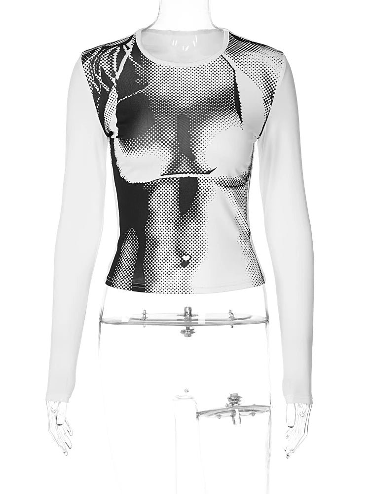 Hugcitar 3D Print Long Sleeve Patchwork Sexy Slim Crop Top T-Shirt 2023 Summer Women Fashion Y2K Clothes Streetwear Club Causal