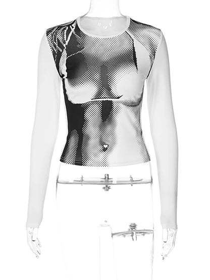 Hugcitar 3D Print Long Sleeve Patchwork Sexy Slim Crop Top T-Shirt 2023 Summer Women Fashion Y2K Clothes Streetwear Club Causal