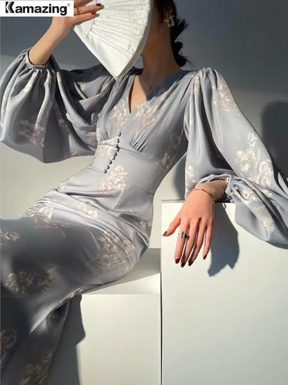 Women Summer New  Printing Elegant Mermaid Dresses Long Sleeve V-neck Slim Midi Dress 2023 Fmeale Clothing