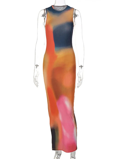 Hugcitar Tie tinte dibujo vestido Midi acanalado para mujer 2023 trajes de verano ceñido al cuerpo con abertura lateral Y2K trajes ropa de calle sexi vestido largo