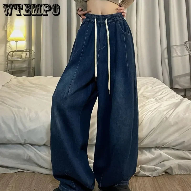 Spring Women Vintage Baggy Jeans Elastic Waist Oversized American Trouser Denim Wide Leg Streetwear Straight Basic Pants Y2k