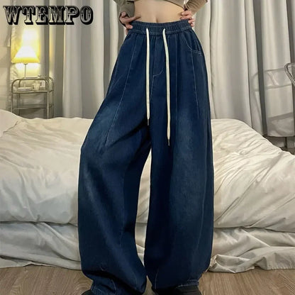 Pantalones vaqueros holgados Vintage para mujer, pantalón americano de gran tamaño con cintura elástica, ropa de calle de pierna ancha, rectos, básicos, Y2k, primavera