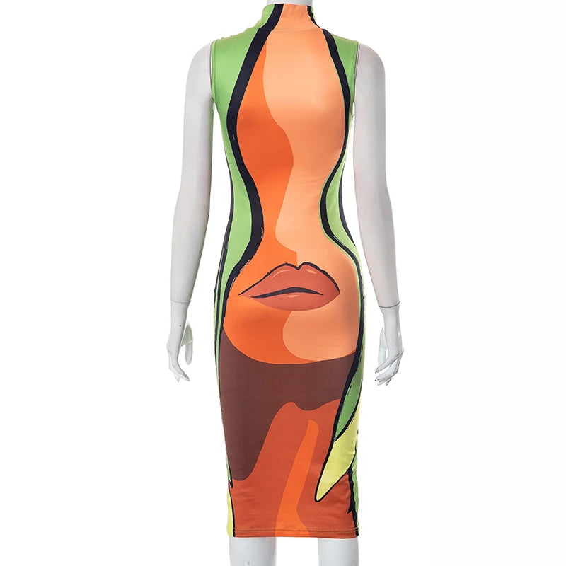 CUTENOVA mode couleur Orange et vert choc col montant robe sans manches grandes lèvres Sexy imprimé tenue mince