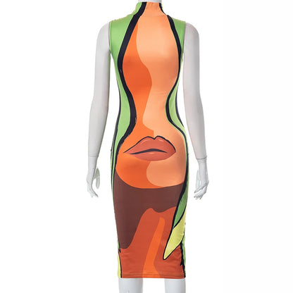 CUTENOVA Fashion Orange And Green Color Clashing Stand Collar Sleeveless Dress Big Sexy Lips Printed Slim Outfit