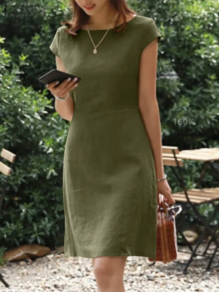 ZANZEA Female O-Neck Zipper Short Sleeve Sundress Summer Woman Solid Dress Stylish Elegant Work OL Vintage Loose Midi Dresses