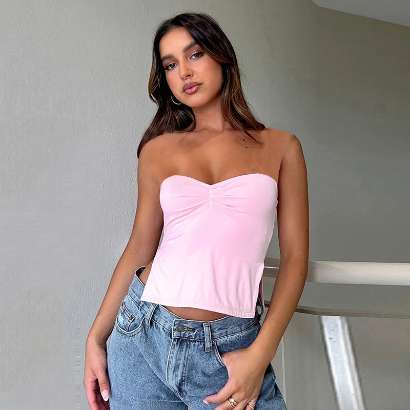 CUTENOVA Summer Ins Solid Square Collar Strapless Backless Top Women 2023 Folds Shrring Bottom Slits Slim  Crop Top