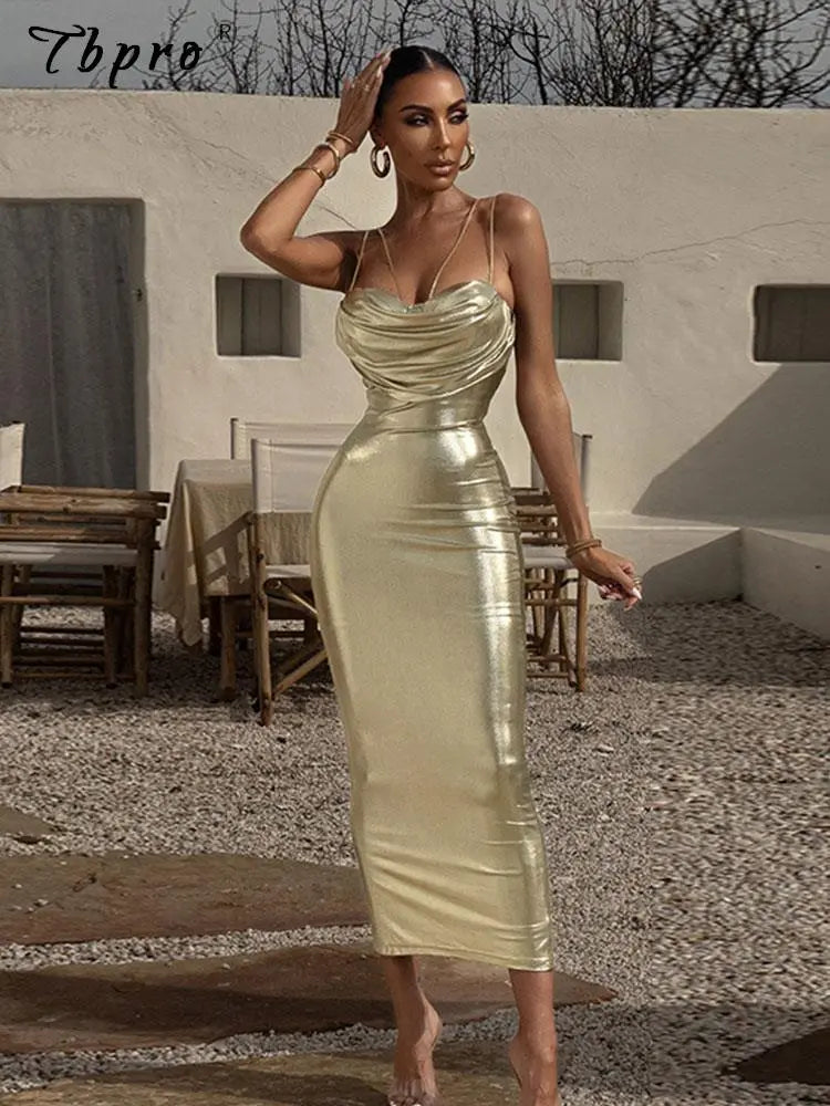 Vestido Midi dorado con tirantes finos para mujer, Vestidos sexys ajustados con espalda descubierta y pecho envolvente a la moda, Vestidos ceñidos para fiesta y Club de verano 2023