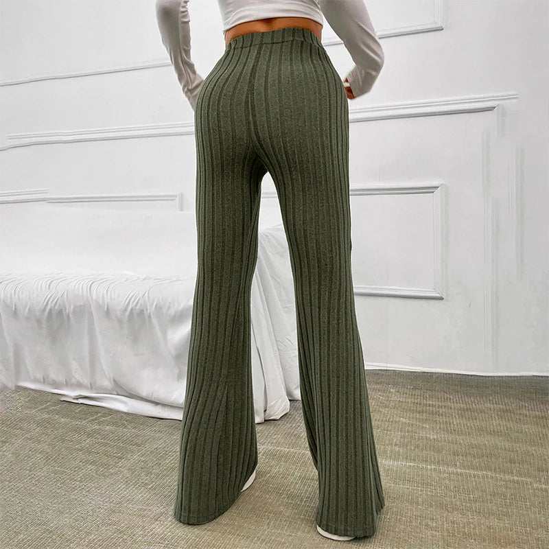 CUTENOVA Fall New 2023 Solid Wide Pit Stripe Casual Knitted Wide-Legged Pants For Women Keep Warm In Autumn And Winter Streetwea