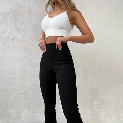 BUILDINGB automne solide taille haute hanche-enveloppant élastique gaufrage pantalon décontracté quotidien polyvalent femmes pantalon