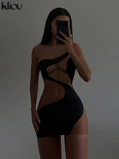 Kliou Patchwork Mini Dress Women Sexy Mesh One Shoulder High Waist Robe Girl Hot Bodycon Party Clubwear Female Midnight Skirt