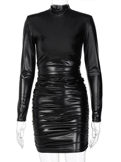 Hugcitar-Vestido corto ajustado de piel sintética para mujer, vestido negro drapeado elegante y Sexy, trajes para fiesta de cumpleaños y Festival 2023