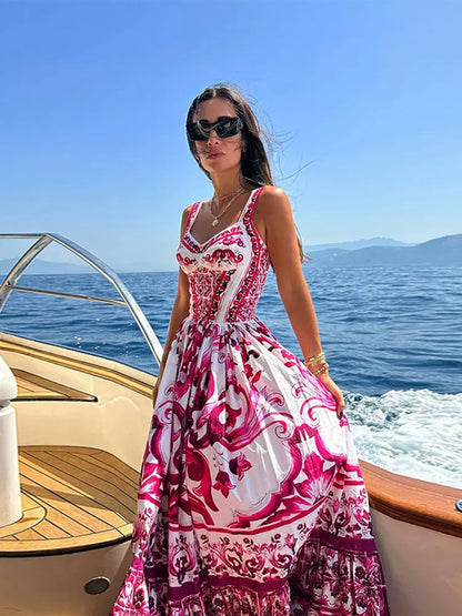 Vestido Sexy con tirantes estampado para mujer, Vestido a la moda con cuello en V y Espalda descubierta, cintura alta, Vestido Midi de vuelo grande, batas elegantes para vacaciones de verano para mujer