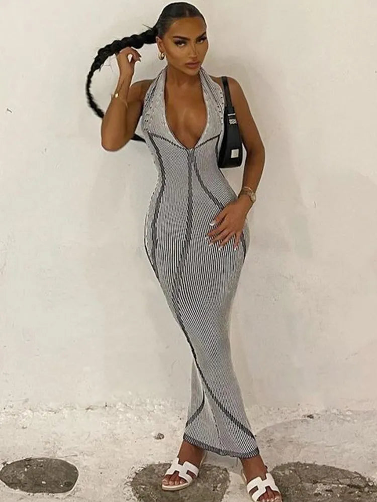 Hugcitar Striped Print Halter Backless Bandage Sexy Slim Maxi Dress 2023 Summer Women Elegant Fashion Vacation Rave Party Outfit