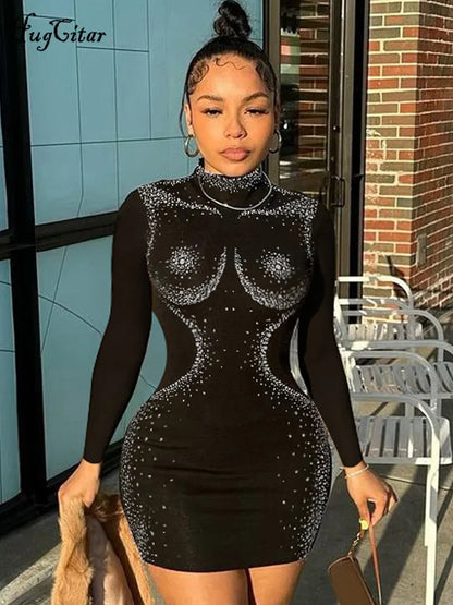 Hugcitar Shine Long Sleeve Black Body Sequined Sexy Slim Mini Dress 2023 Summer Fashion Goth Clothes Streetwear Nightclub Y2K