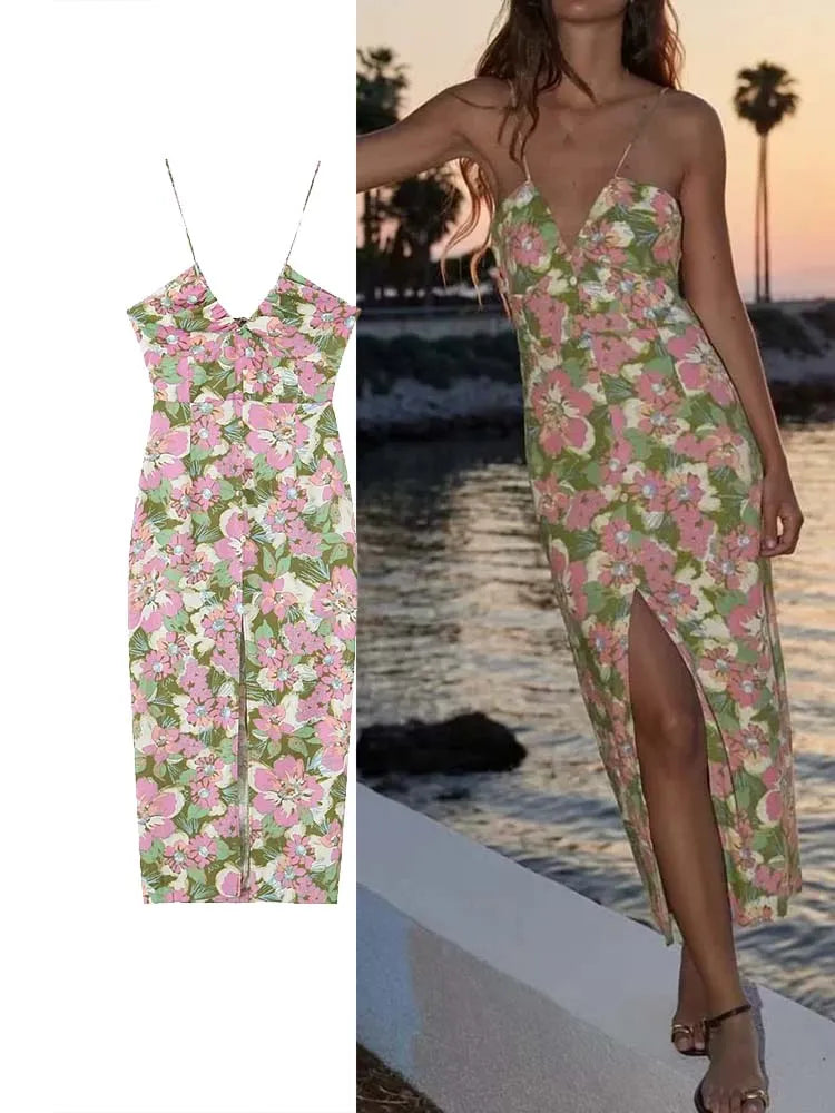 TRAF-vestidos largos con estampado para mujer, vestido Midi con corsé, vestido de playa sin espalda, vestidos de verano con tirantes finos para mujer