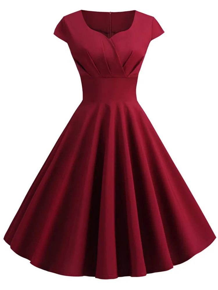 Vestido rosa de verano para mujer, vestido Vintage con cuello en V, vestido Vintage con vuelo, vestido elegante Retro pin up para fiesta y oficina, vestidos por debajo de la rodilla