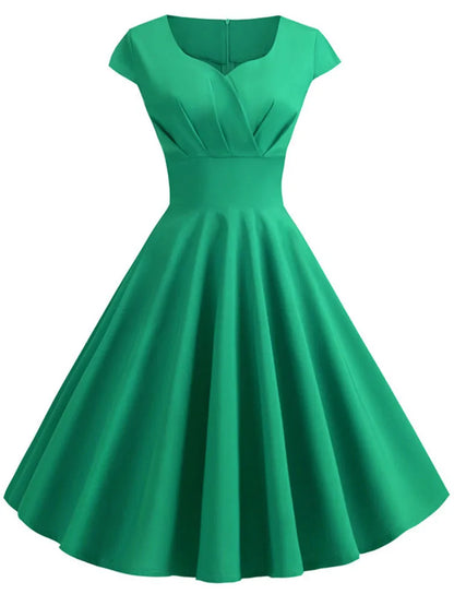 Vestido rosa de verano para mujer, vestido Vintage con cuello en V, vestido Vintage con vuelo, vestido elegante Retro pin up para fiesta y oficina, vestidos por debajo de la rodilla