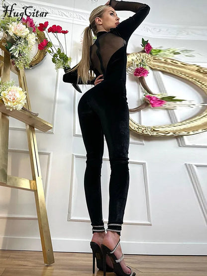 Hugcitar Velvet Long Sleeve Patchwork Mesh Zip Up See Through Sexy Bodycon Jumpsuit Winter Women Fashion Party Nightclub Romper