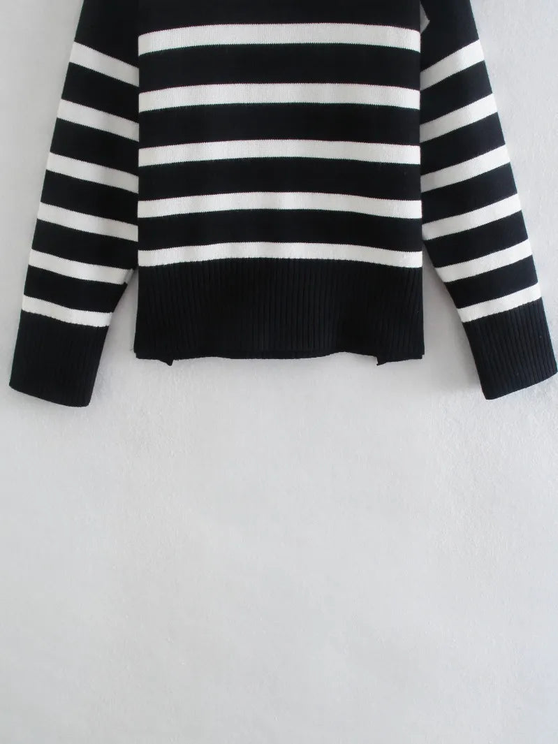 Suéter a rayas blanco y negro de invierno para mujer, ropa de calle, Jersey holgado, Tops, suéteres de punto de cuello alto de manga larga para mujer