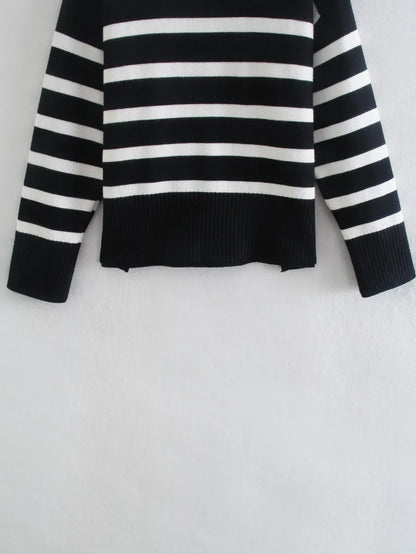 Winter Black And White Stripe Sweater Women Streetwear Loose Pullover Jumper Tops Female Long Sleeve Turtleneck Knitted Sweaters