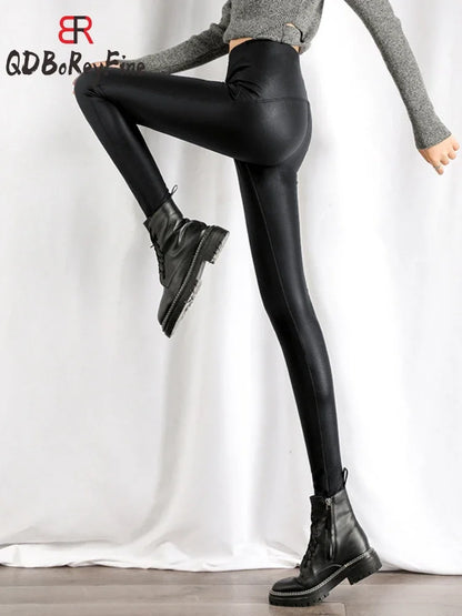 Leggings amincissants en cuir Pu pour femme, collants noirs, taille haute, extensibles, doux et fins, en polaire, collection hiver et automne