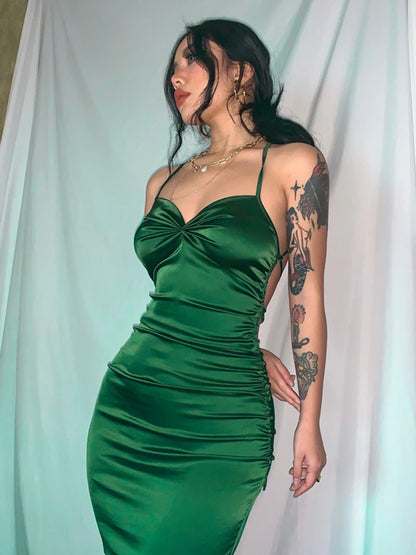 Dulzura-Vestido largo de satén con espalda descubierta y encaje fruncido para mujer, vestido Sexy ajustado para fiesta, ropa elegante, trajes de noche y cumpleaños para verano